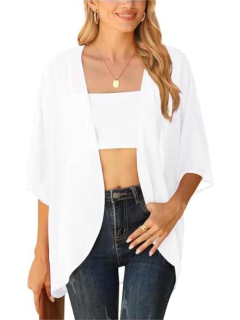 Womens Chiffon Kimono Cardigan Beach Cover Up Sheer Floral 3/4 Sleeve Loose